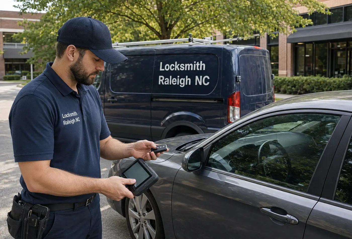Locksmith Raleigh NC technician programming a key beside a vehicle