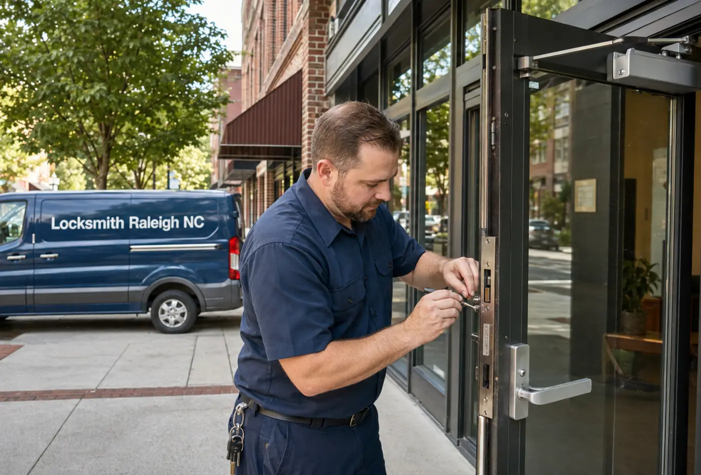 Locksmith Raleigh NC technician repairing commercial storefront hardware