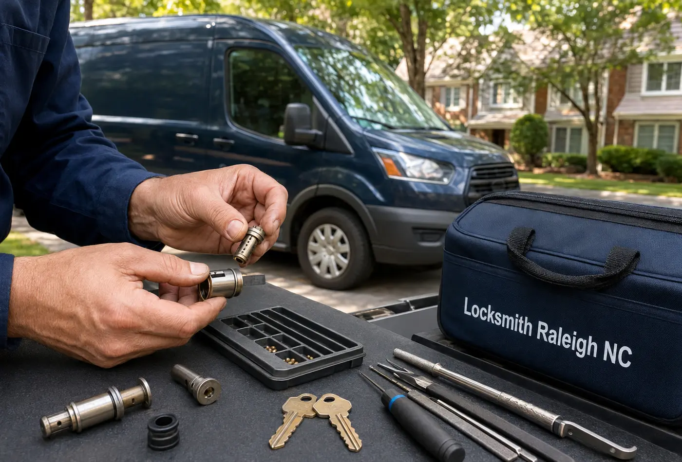 Locksmith Raleigh NC technician repinning a lock cylinder