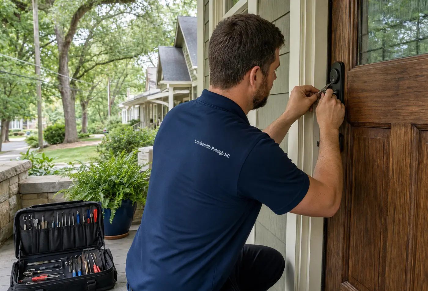 Locksmith Raleigh NC technician servicing a residential deadbolt